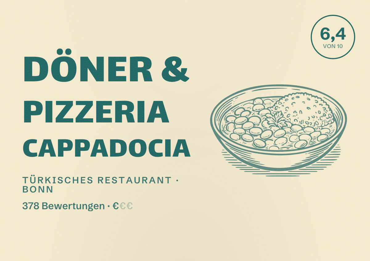 Illustriertes Poster von Döner & Pizzeria Cappadocia, Türkisches Restaurant in Bonn: Bewertung 6,4 von 10 aus 378 Bewertungen, Preisniveau €