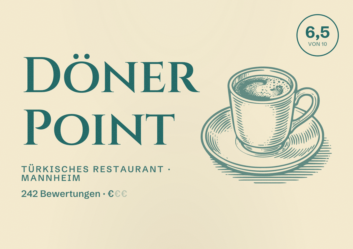 Illustriertes Poster von Döner Point, Türkisches Restaurant in Mannheim: Bewertung 6,5 von 10 aus 242 Bewertungen, Preisniveau €