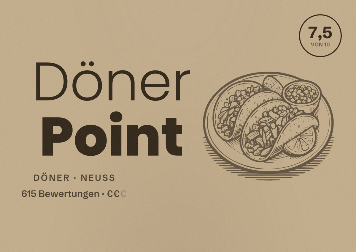 Illustriertes Poster von Döner Point, Döner in Neuss: Bewertung 7,5 von 10 aus 615 Bewertungen, Preisniveau €€