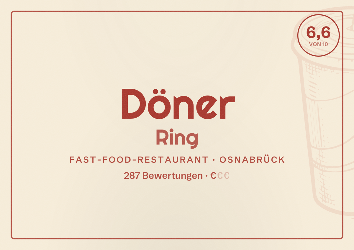 Illustriertes Poster von Döner Ring, Fast-Food-Restaurant in Osnabrück: Bewertung 6,6 von 10 aus 287 Bewertungen, Preisniveau €