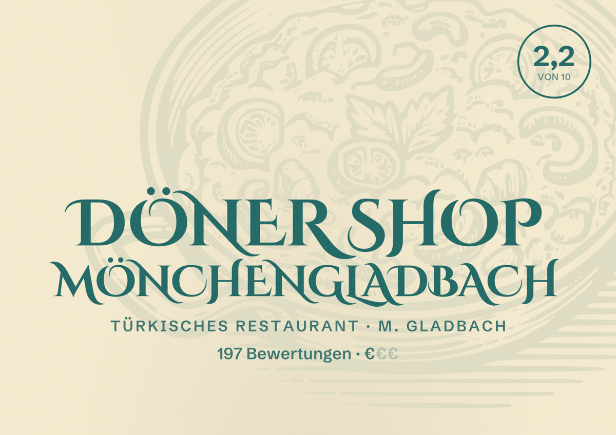 Illustriertes Poster von Döner Shop Mönchengladbach, Türkisches Restaurant in M. Gladbach: Bewertung 2,2 von 10 aus 197 Bewertungen, Preisniveau €