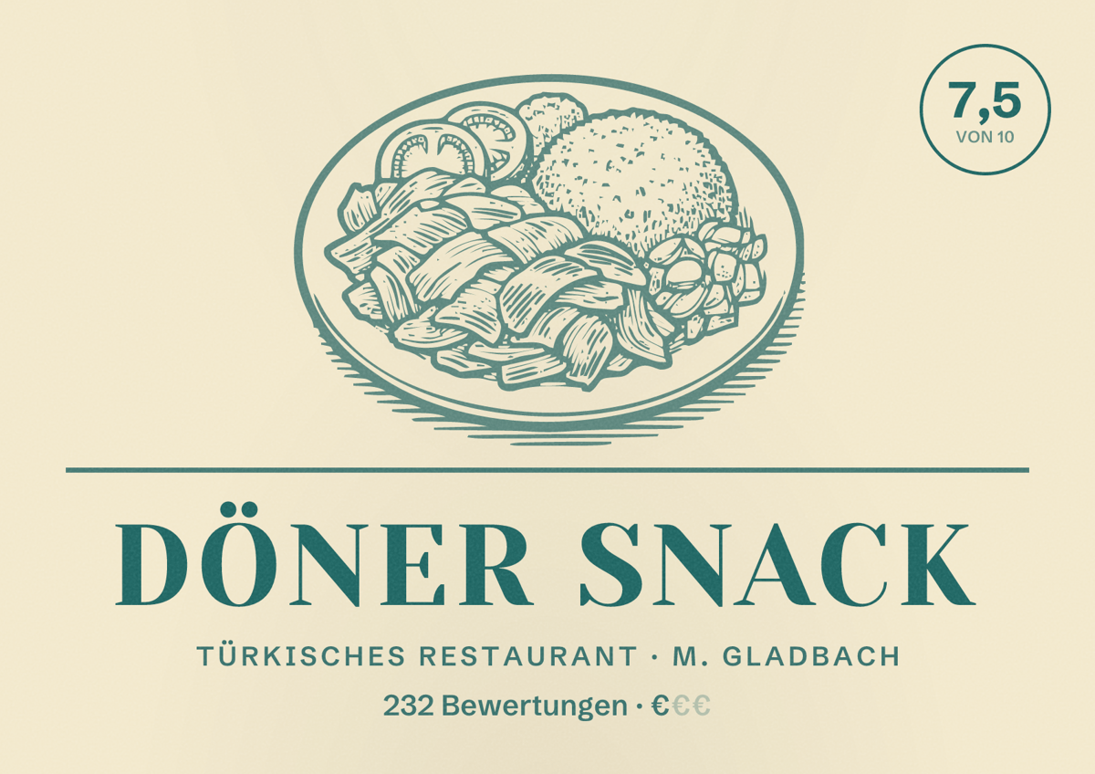 Illustriertes Poster von Döner Snack, Türkisches Restaurant in M. Gladbach: Bewertung 7,5 von 10 aus 232 Bewertungen, Preisniveau €