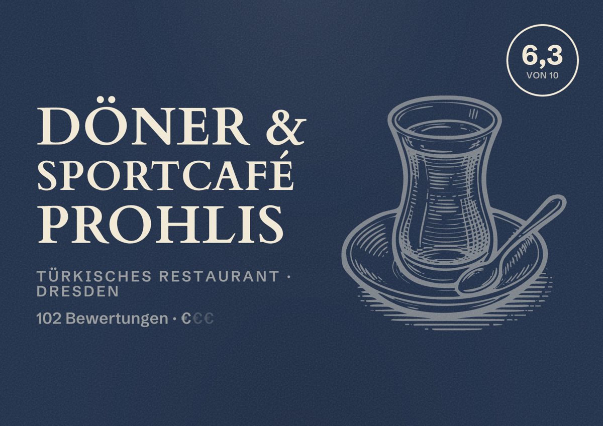 Illustriertes Poster von Döner & Sportcafé Prohlis, Türkisches Restaurant in Dresden: Bewertung 6,3 von 10 aus 102 Bewertungen, Preisniveau €