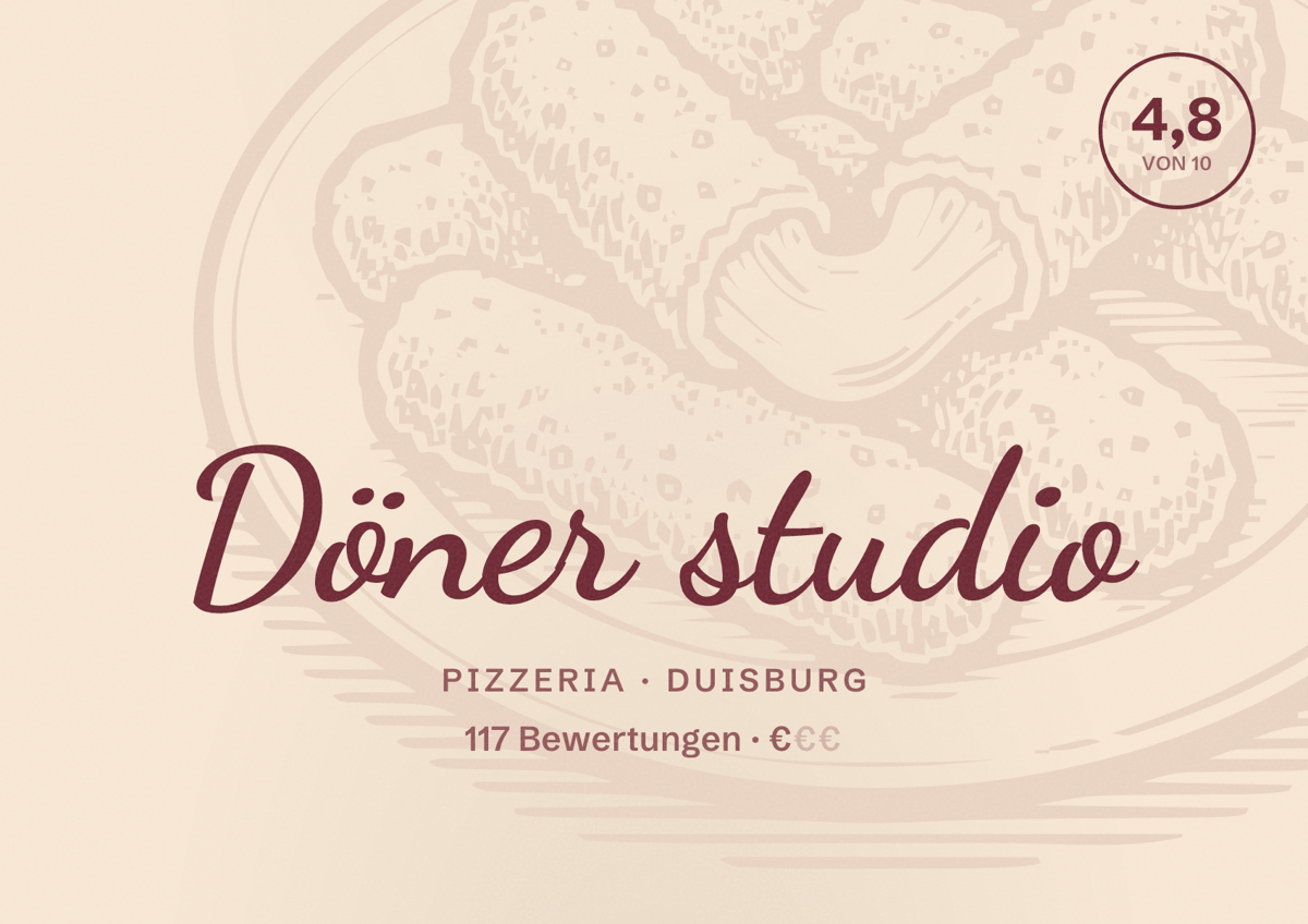 Illustriertes Poster von Döner studio, Pizzeria in Duisburg: Bewertung 4,8 von 10 aus 117 Bewertungen, Preisniveau €
