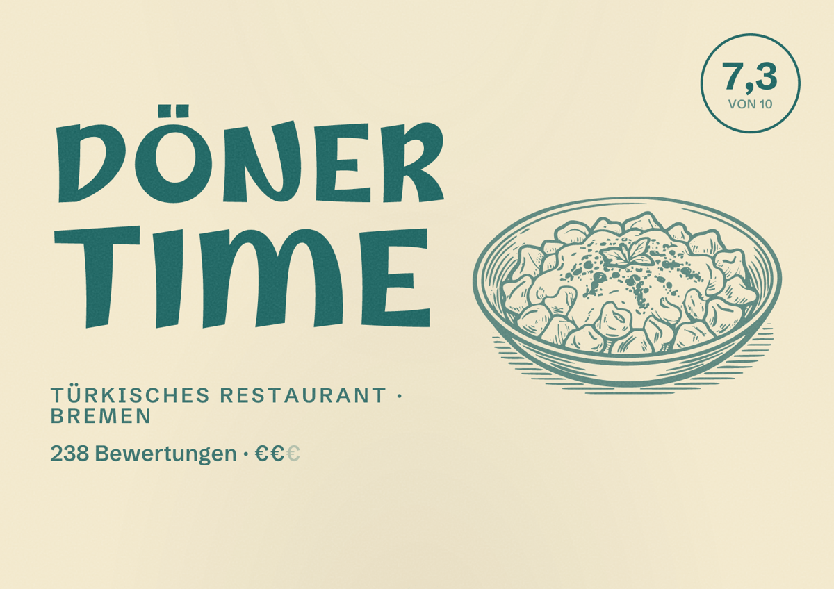 Illustriertes Poster von Döner Time, Türkisches Restaurant in Bremen: Bewertung 7,3 von 10 aus 238 Bewertungen, Preisniveau €€