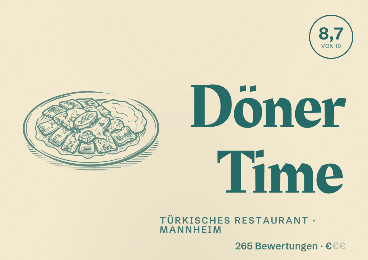 Illustriertes Poster von Döner Time, Türkisches Restaurant in Mannheim: Bewertung 8,7 von 10 aus 265 Bewertungen, Preisniveau €