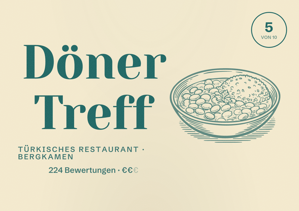 Illustriertes Poster von Döner Treff, Türkisches Restaurant in Bergkamen: Bewertung 5 von 10 aus 224 Bewertungen, Preisniveau €€