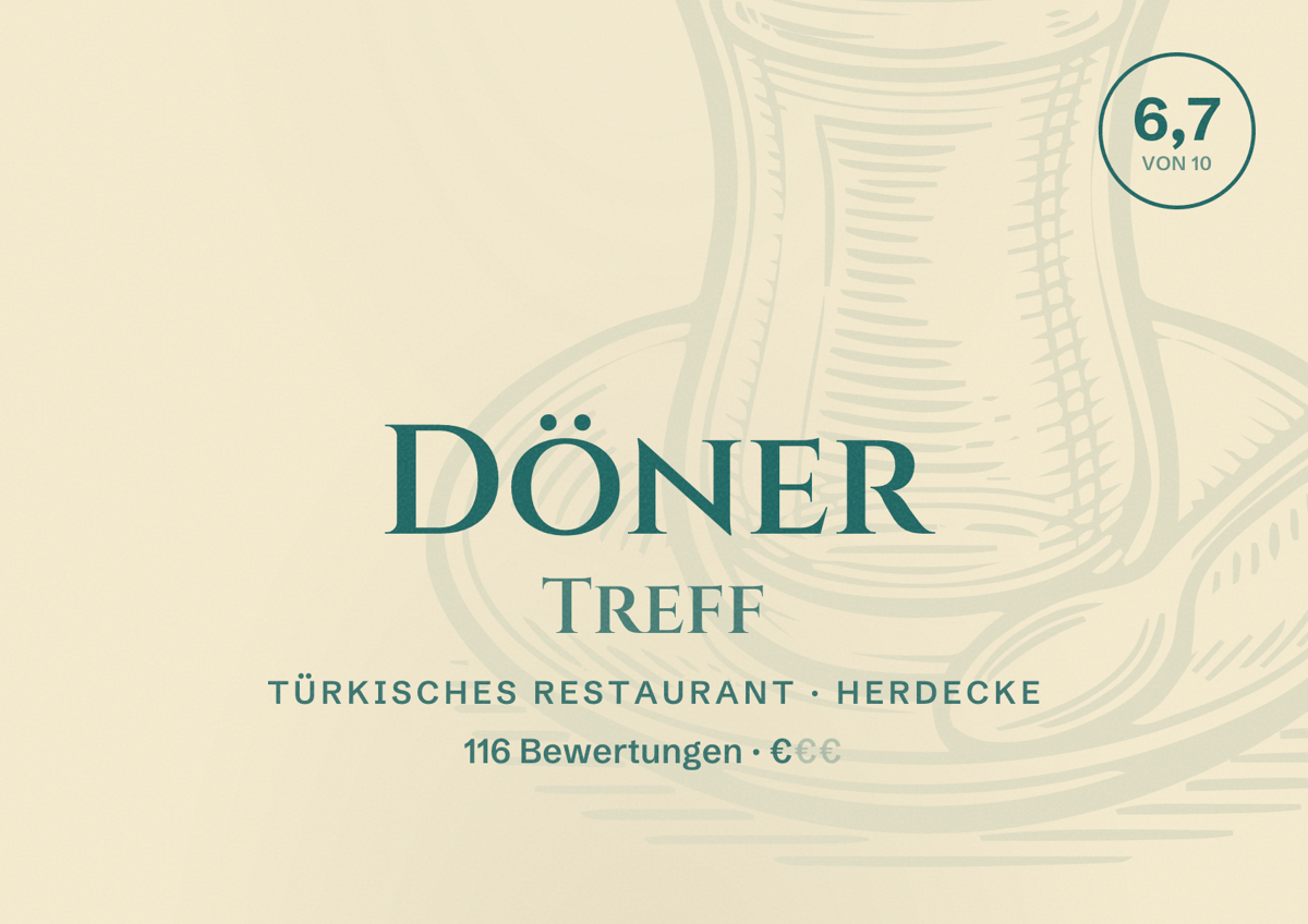 Illustriertes Poster von Döner Treff, Türkisches Restaurant in Herdecke: Bewertung 6,7 von 10 aus 116 Bewertungen, Preisniveau €