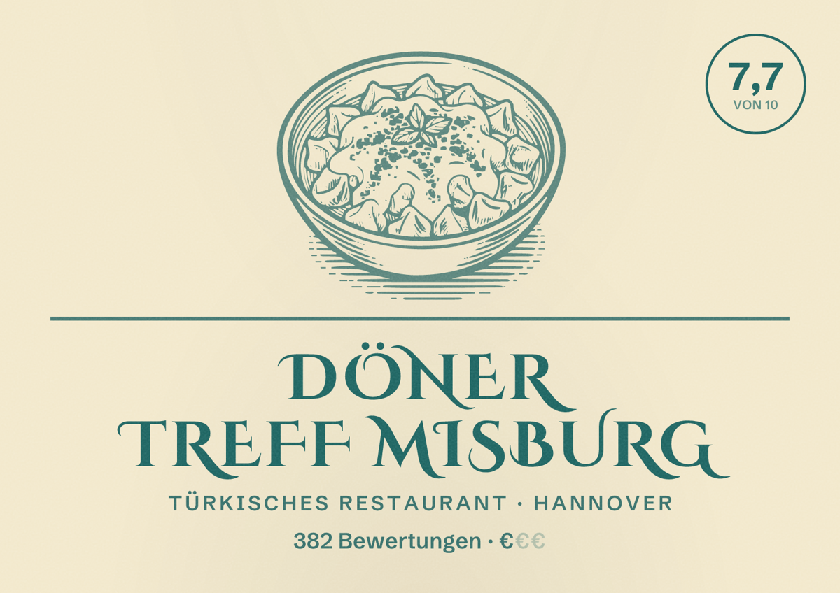Illustriertes Poster von Döner Treff Misburg, Türkisches Restaurant in Hannover: Bewertung 7,7 von 10 aus 382 Bewertungen, Preisniveau €