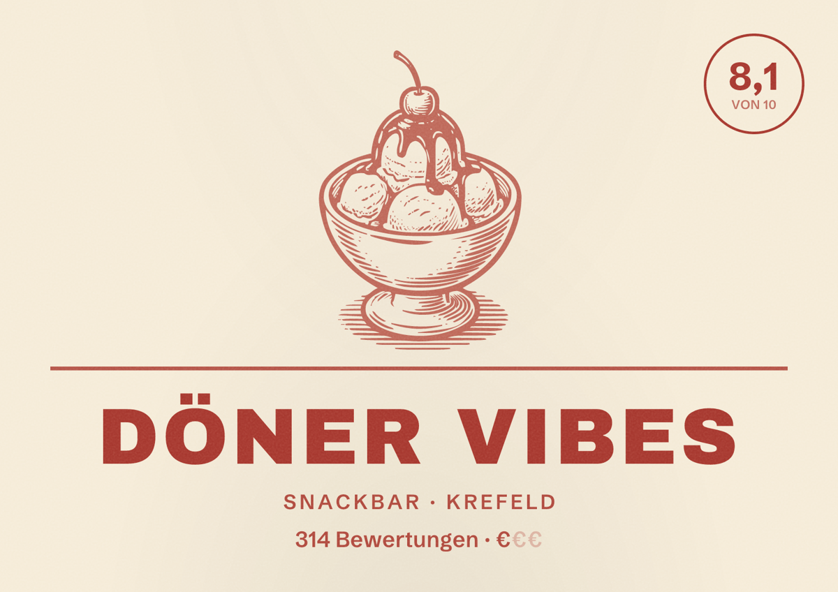 Illustriertes Poster von Döner Vibes, Snackbar in Krefeld: Bewertung 8,1 von 10 aus 314 Bewertungen, Preisniveau €