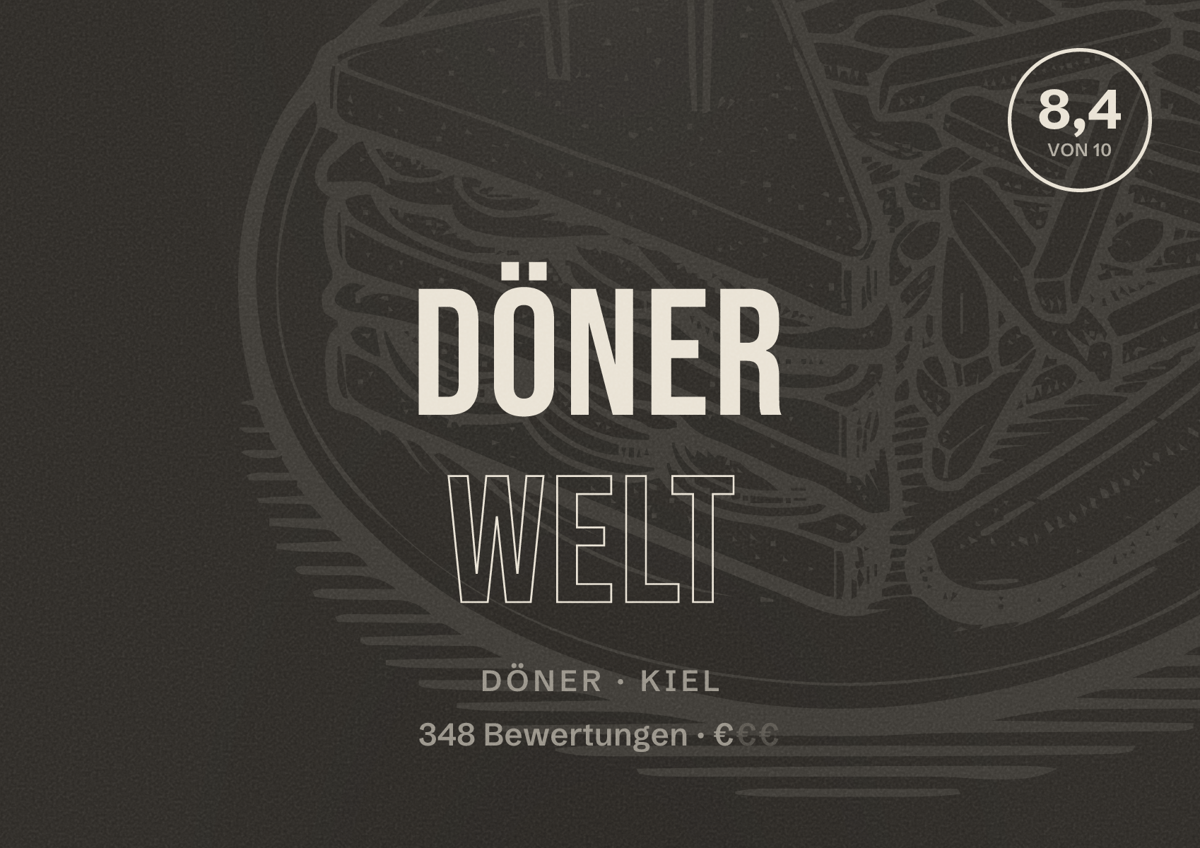 Illustriertes Poster von Döner Welt, Döner in Kiel: Bewertung 8,4 von 10 aus 348 Bewertungen, Preisniveau €