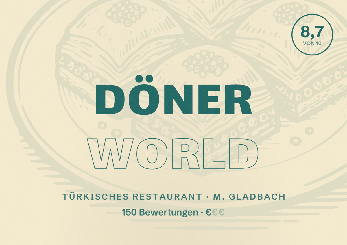 Illustriertes Poster von Döner World, Türkisches Restaurant in M. Gladbach: Bewertung 8,7 von 10 aus 150 Bewertungen, Preisniveau €