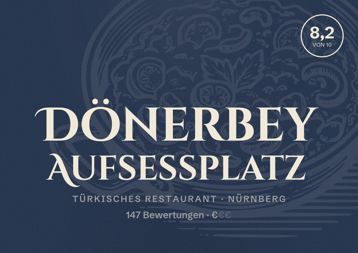 Illustriertes Poster von Dönerbey Aufseßplatz, Türkisches Restaurant in Nürnberg: Bewertung 8,2 von 10 aus 147 Bewertungen, Preisniveau €