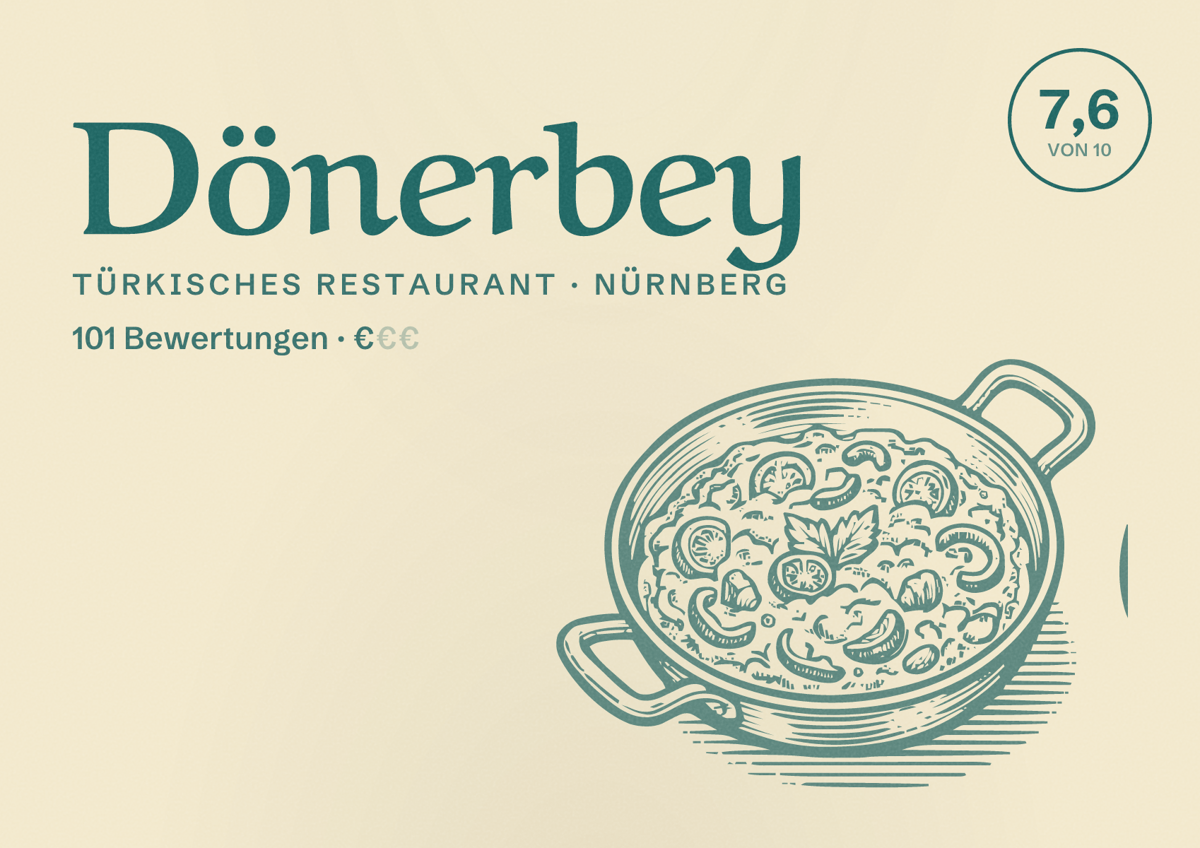 Illustriertes Poster von Dönerbey, Türkisches Restaurant in Nürnberg: Bewertung 7,6 von 10 aus 101 Bewertungen, Preisniveau €