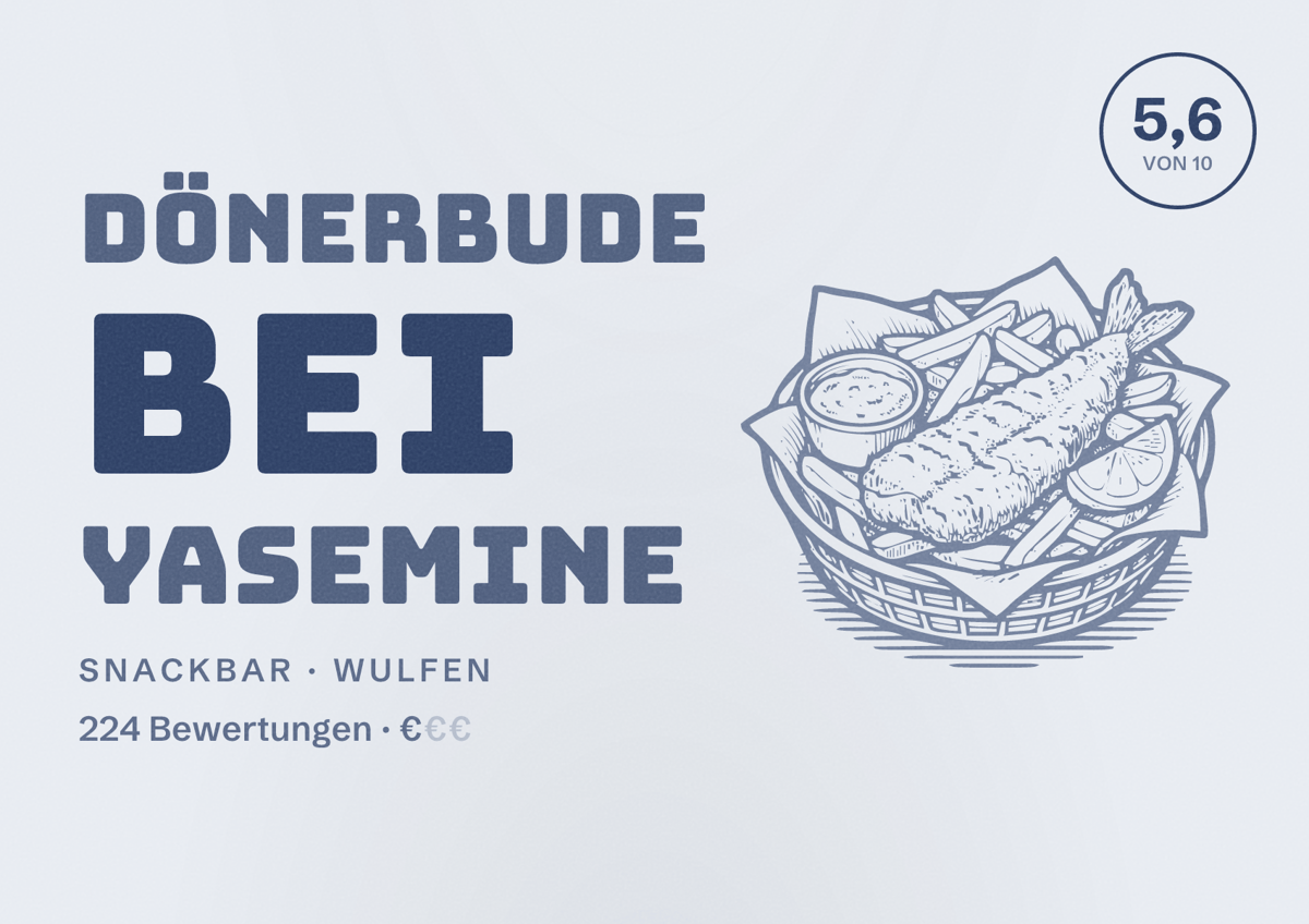 Illustriertes Poster von Dönerbude Bei Yasemine, Snackbar in Wulfen: Bewertung 5,6 von 10 aus 224 Bewertungen, Preisniveau €