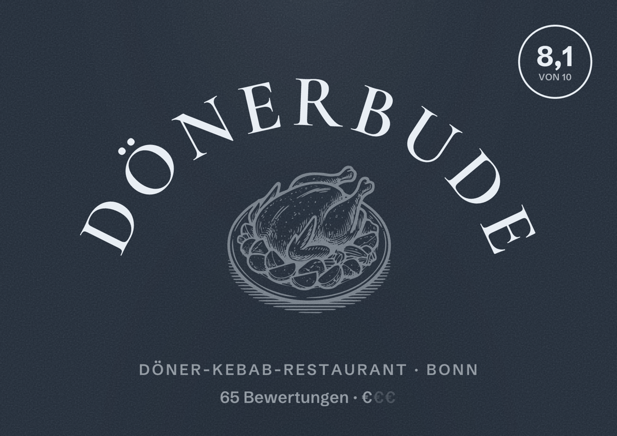 Illustriertes Poster von Dönerbude, Döner-Kebab-Restaurant in Bonn: Bewertung 8,1 von 10 aus 65 Bewertungen, Preisniveau €
