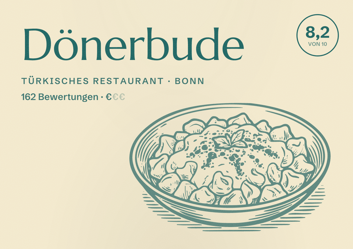 Illustriertes Poster von Dönerbude, Türkisches Restaurant in Bonn: Bewertung 8,2 von 10 aus 162 Bewertungen, Preisniveau €