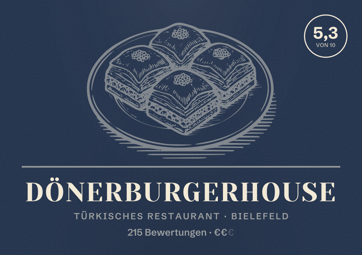 Illustriertes Poster von DönerBurgerhouse, Türkisches Restaurant in Bielefeld: Bewertung 5,3 von 10 aus 215 Bewertungen, Preisniveau €€