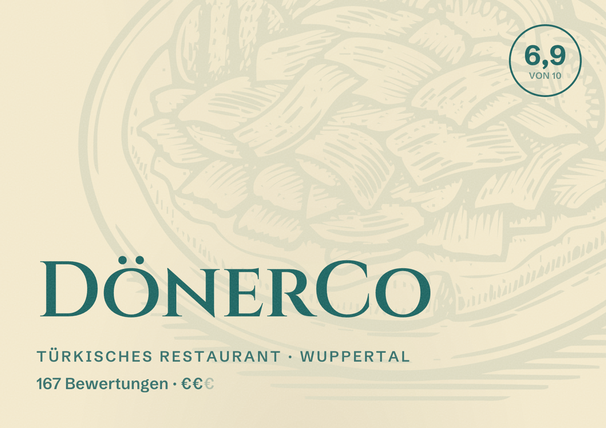 Illustriertes Poster von DönerCo, Türkisches Restaurant in Wuppertal: Bewertung 6,9 von 10 aus 167 Bewertungen, Preisniveau €€