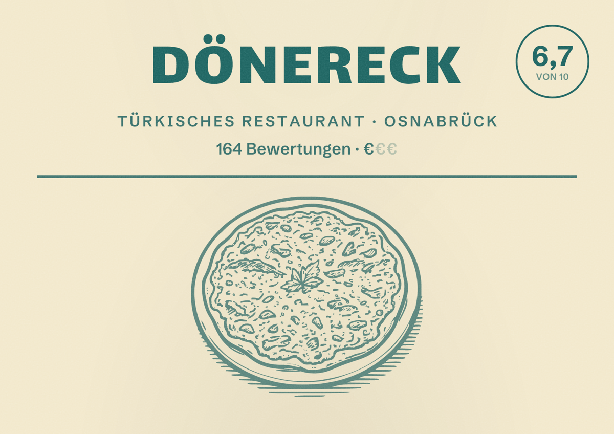 Illustriertes Poster von Dönereck, Türkisches Restaurant in Osnabrück: Bewertung 6,7 von 10 aus 164 Bewertungen, Preisniveau €