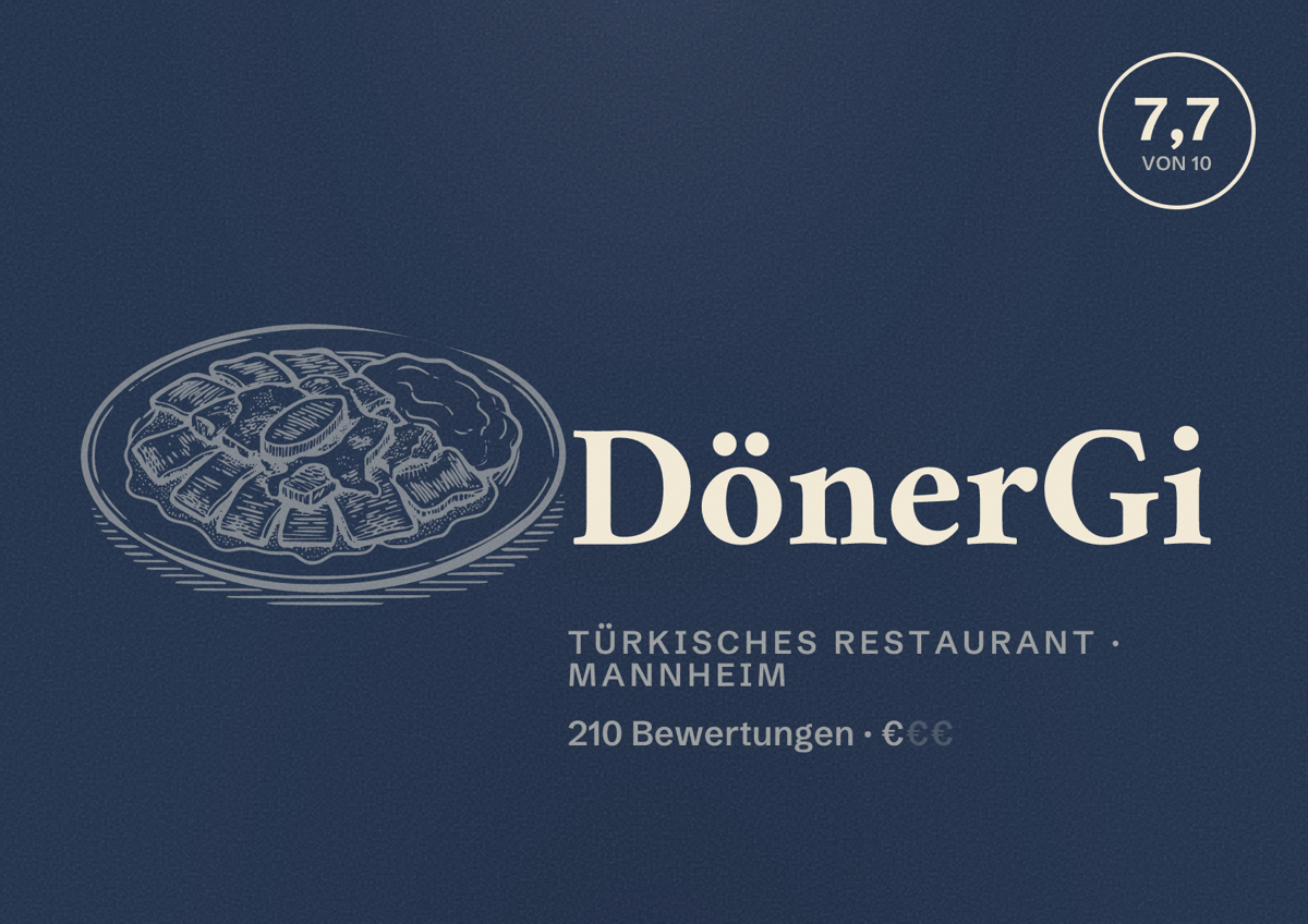 Illustriertes Poster von DönerGi, Türkisches Restaurant in Mannheim: Bewertung 7,7 von 10 aus 210 Bewertungen, Preisniveau €