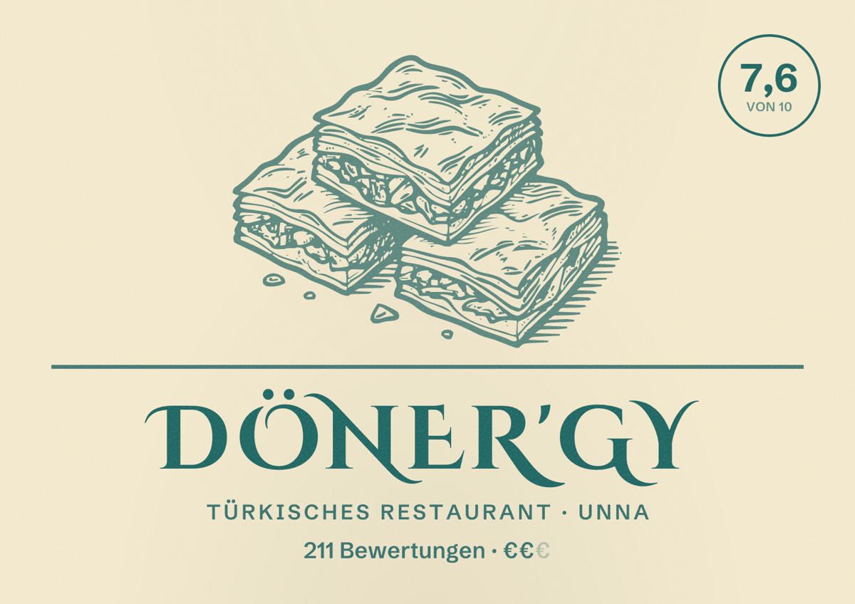 Illustriertes Poster von Döner'Gy, Türkisches Restaurant in Unna: Bewertung 7,6 von 10 aus 211 Bewertungen, Preisniveau €€