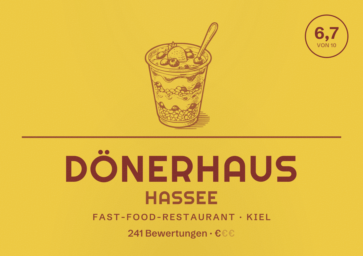 Illustriertes Poster von Dönerhaus Hassee, Fast-Food-Restaurant in Kiel: Bewertung 6,7 von 10 aus 241 Bewertungen, Preisniveau €