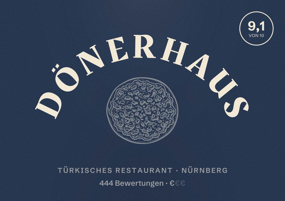 Illustriertes Poster von Dönerhaus, Türkisches Restaurant in Nürnberg: Bewertung 9,1 von 10 aus 444 Bewertungen, Preisniveau €