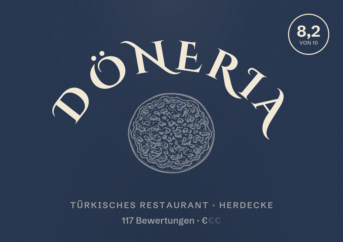 Illustriertes Poster von Döneria, Türkisches Restaurant in Herdecke: Bewertung 8,2 von 10 aus 117 Bewertungen, Preisniveau €