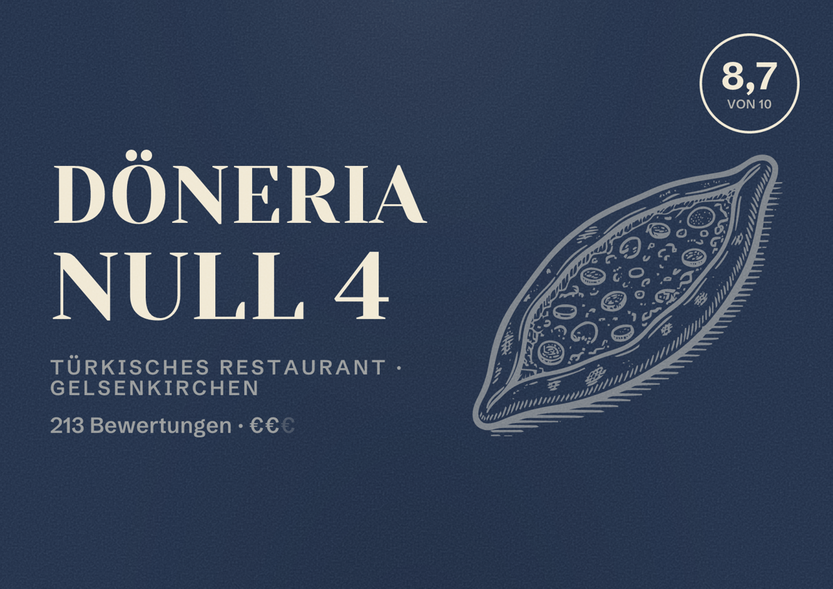 Illustriertes Poster von Döneria Null 4, Türkisches Restaurant in Gelsenkirchen: Bewertung 8,7 von 10 aus 213 Bewertungen, Preisniveau €€