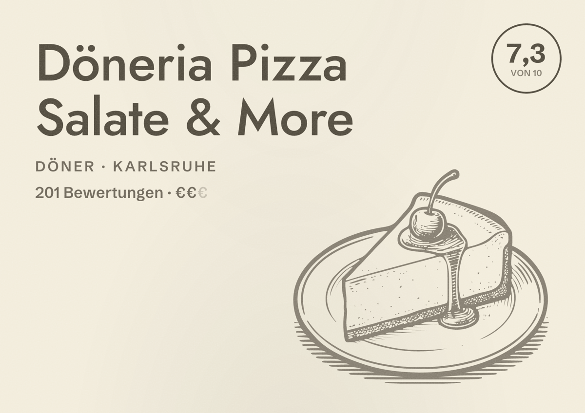 Illustriertes Poster von Döneria Pizza Salate & More, Döner in Karlsruhe: Bewertung 7,3 von 10 aus 201 Bewertungen, Preisniveau €€