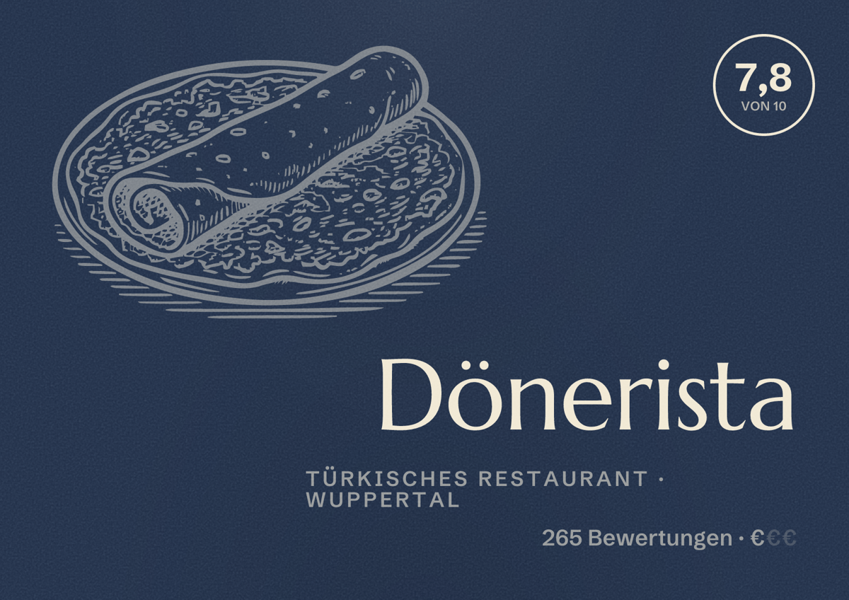 Illustriertes Poster von Dönerista, Türkisches Restaurant in Wuppertal: Gästebewertung 7,8 von 10 aus 265 Bewertungen