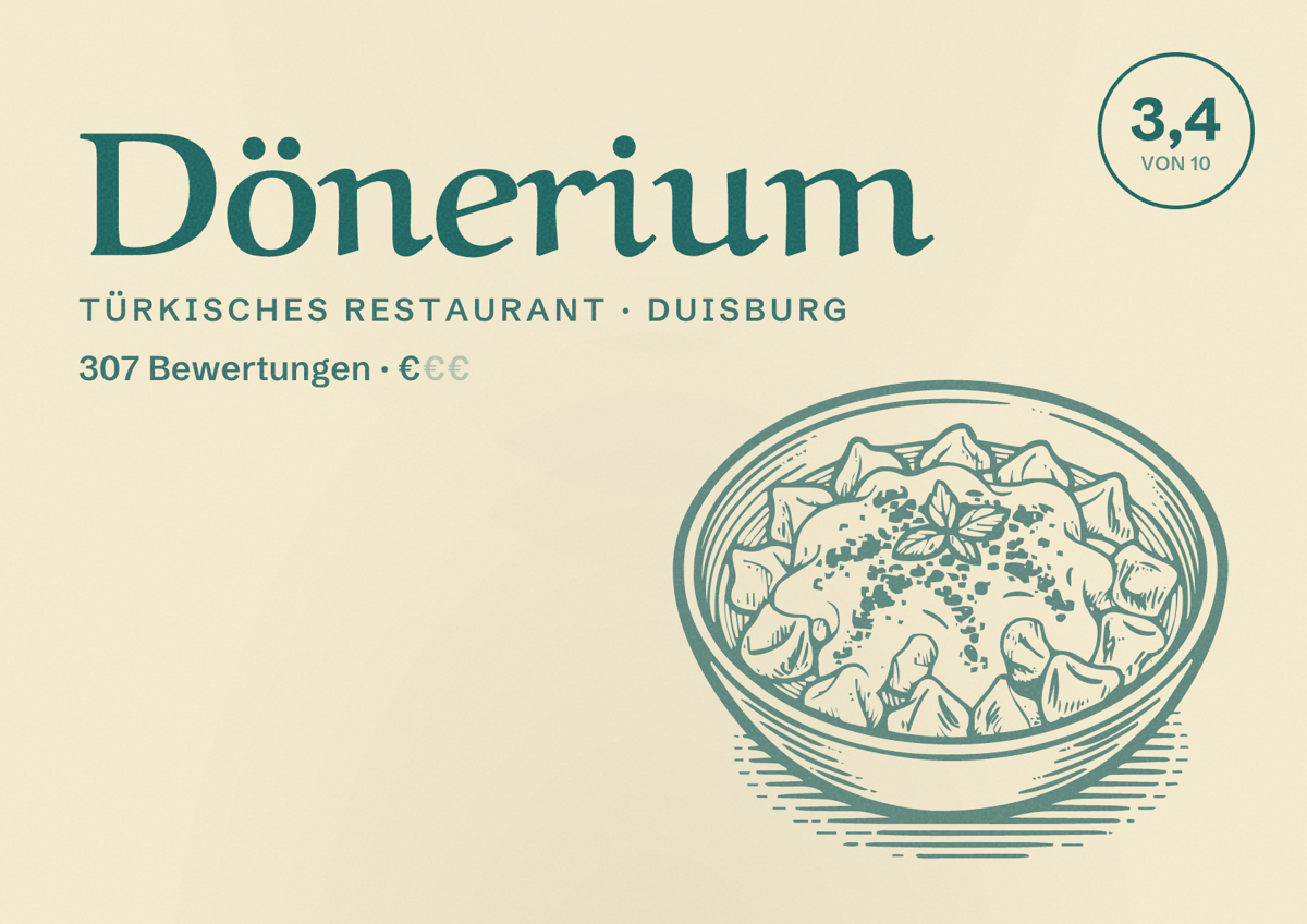 Illustriertes Poster von Dönerium, Türkisches Restaurant in Duisburg: Gästebewertung 3,4 von 10 aus 307 Bewertungen