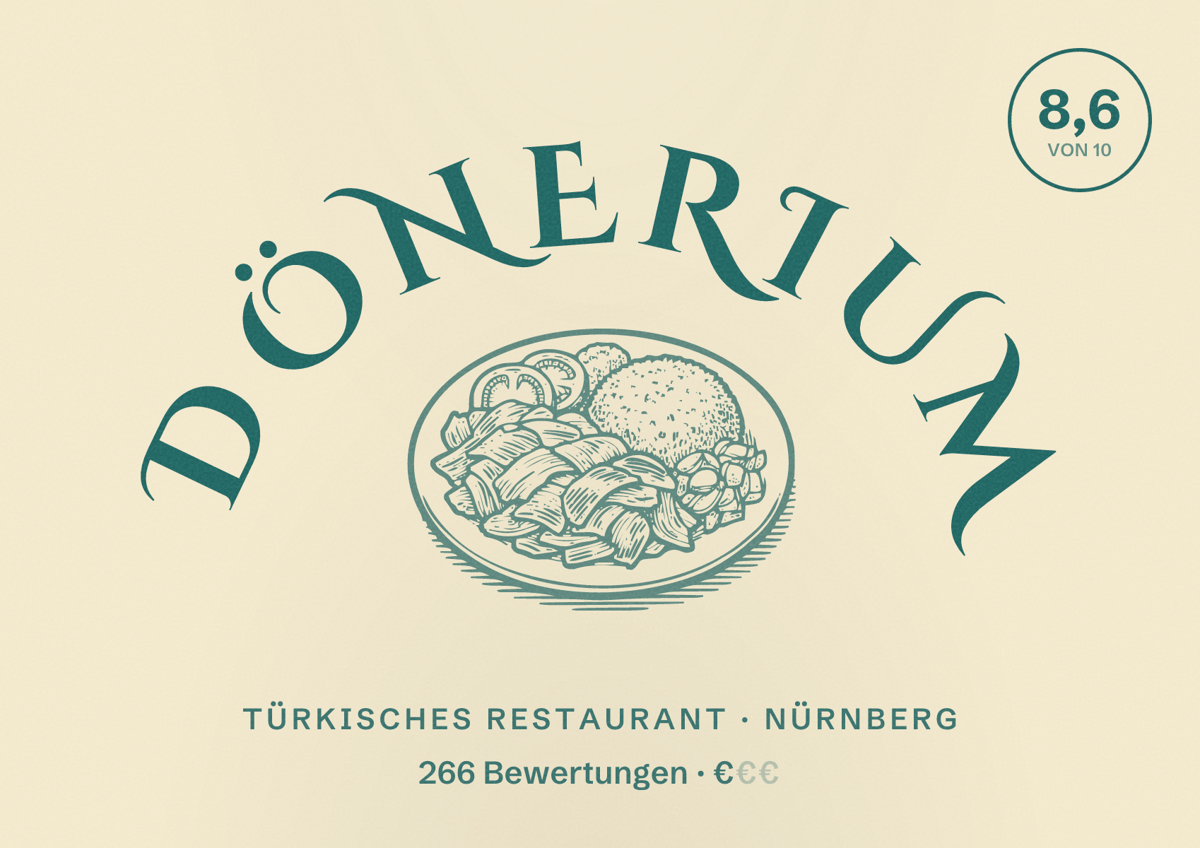 Illustriertes Poster von Dönerium, Türkisches Restaurant in Nürnberg: Bewertung 8,6 von 10 aus 266 Bewertungen, Preisniveau €