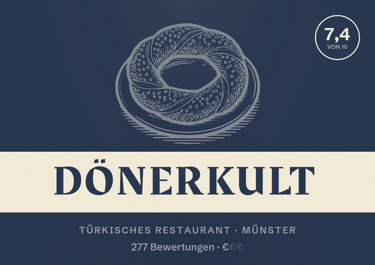 Illustriertes Poster von Dönerkult, Türkisches Restaurant in Münster: Bewertung 7,4 von 10 aus 277 Bewertungen, Preisniveau €