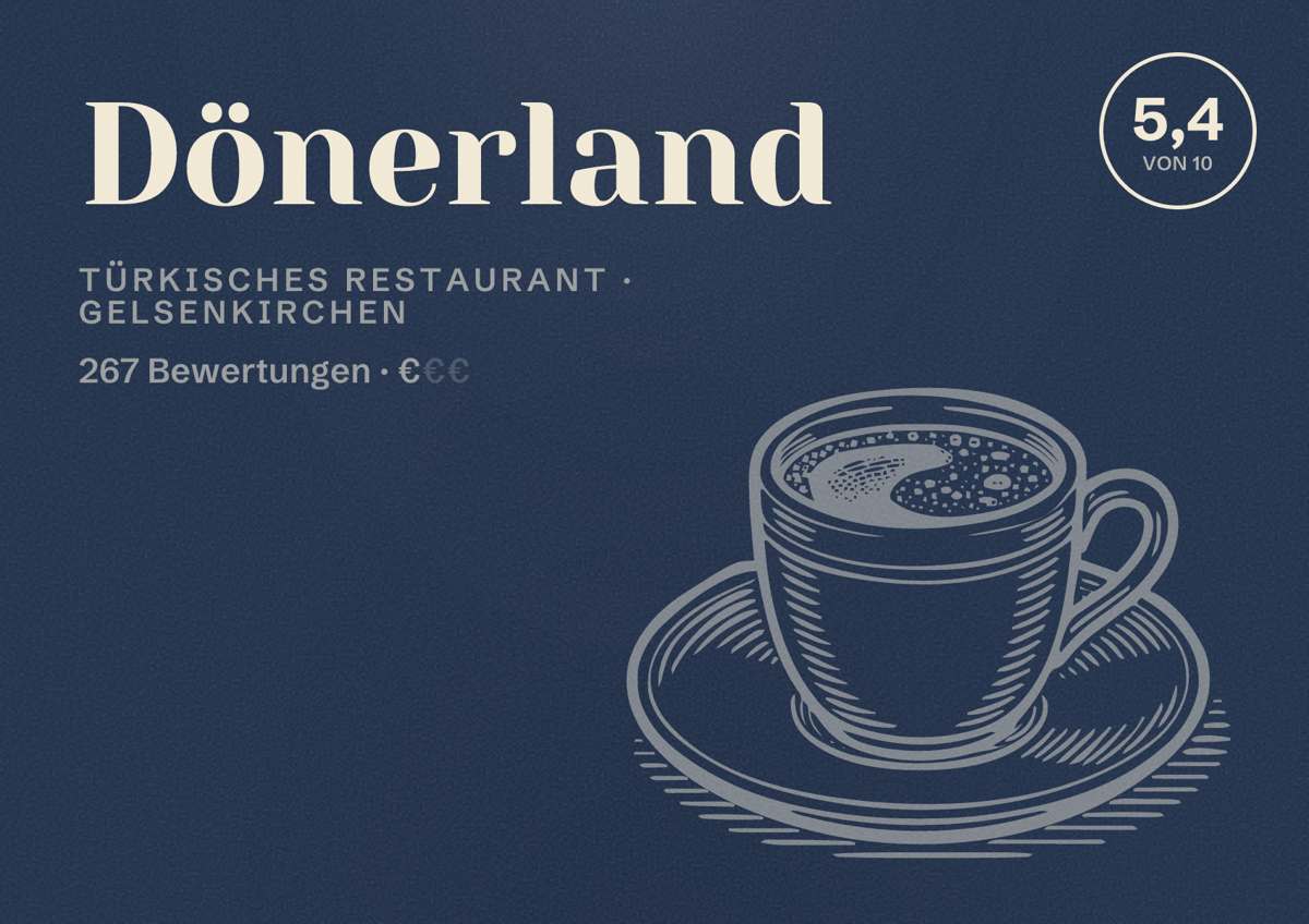 Illustriertes Poster von Dönerland, Türkisches Restaurant in Gelsenkirchen: Bewertung 5,4 von 10 aus 267 Bewertungen, Preisniveau €