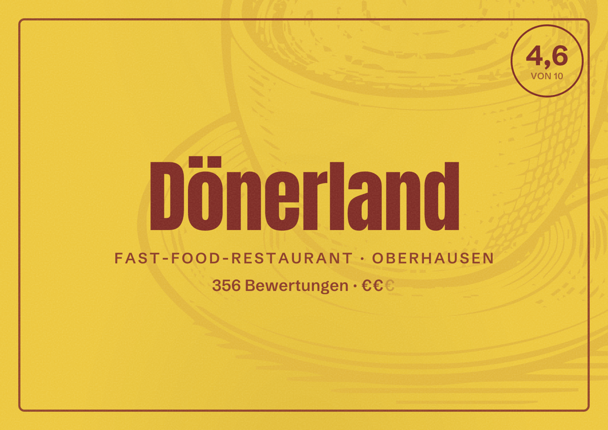 Illustriertes Poster von Dönerland, Fast-Food-Restaurant in Oberhausen: Bewertung 4,6 von 10 aus 356 Bewertungen, Preisniveau €€