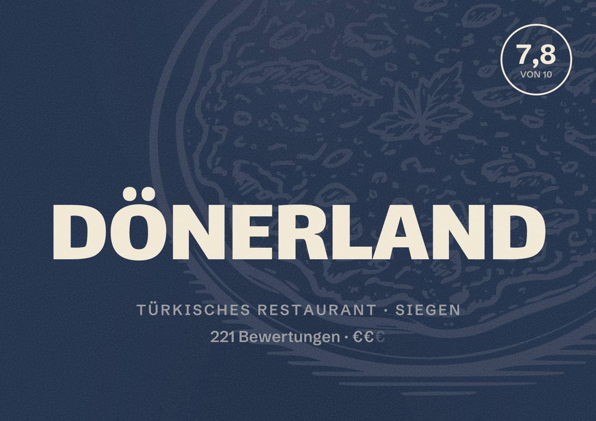 Illustriertes Poster von DÖNERLAND, Türkisches Restaurant in Siegen: Bewertung 7,8 von 10 aus 221 Bewertungen, Preisniveau €€