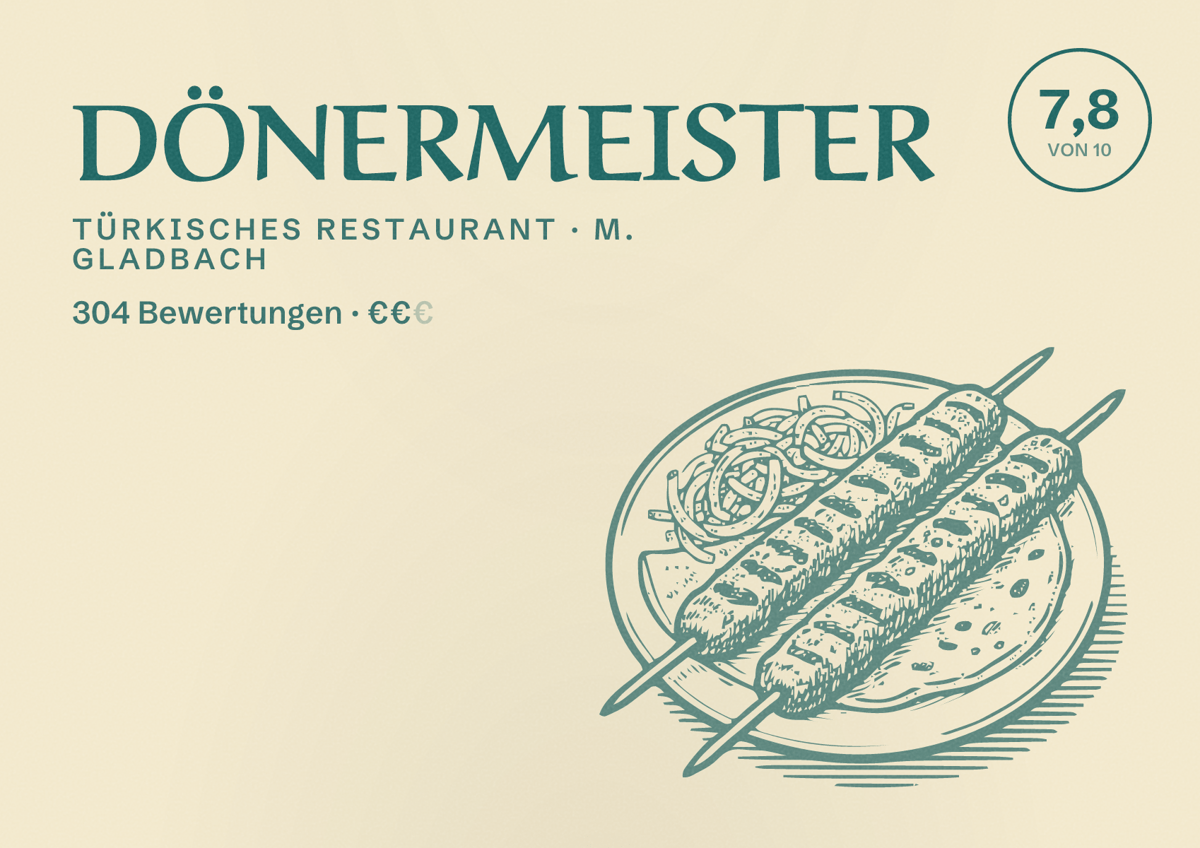 Illustriertes Poster von DÖNERMEISTER, Türkisches Restaurant in M. Gladbach: Gästebewertung 7,8 von 10 aus 304 Bewertungen