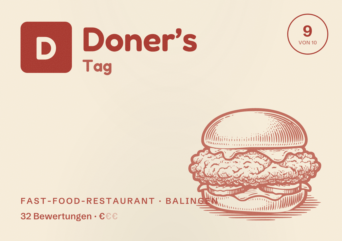 Illustriertes Poster von Doner’s Tag, Fast-Food-Restaurant in Balingen: Bewertung 9 von 10 aus 32 Bewertungen, Preisniveau €