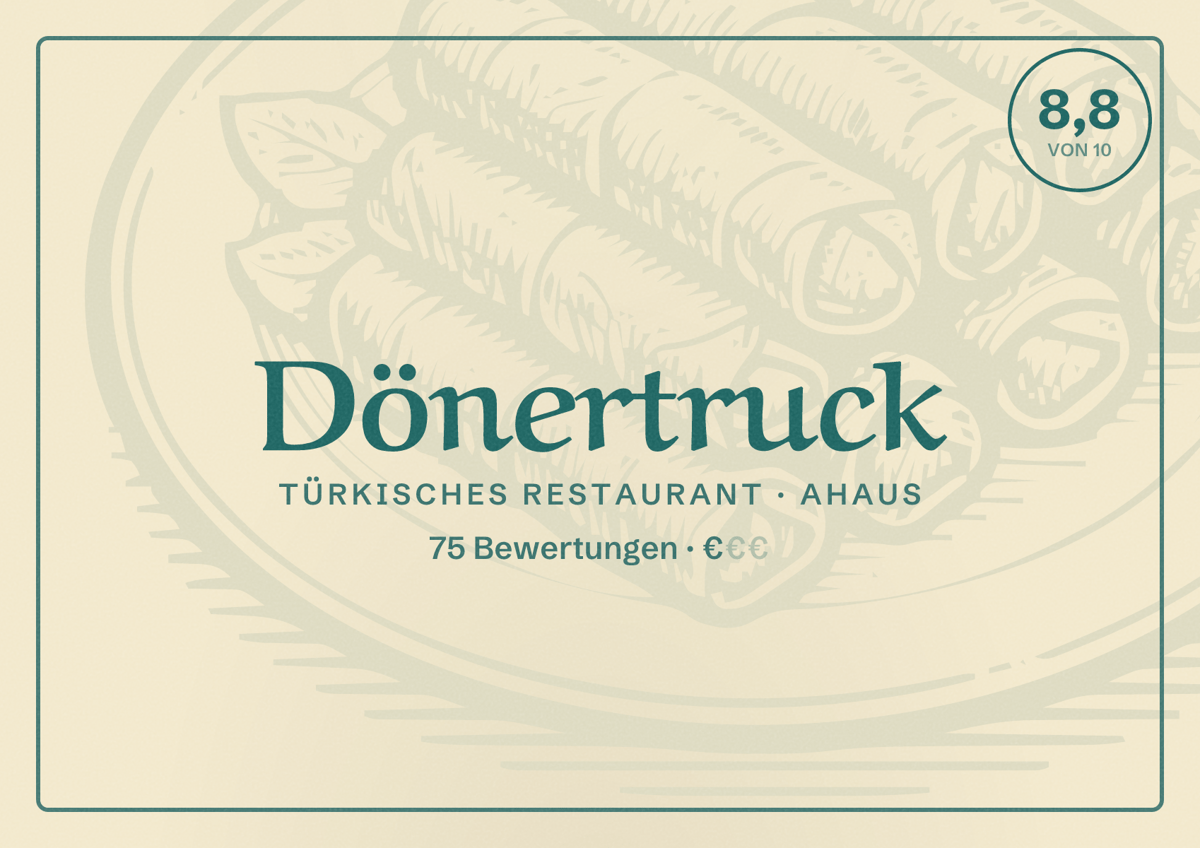 Illustriertes Poster von Dönertruck, Türkisches Restaurant in Ahaus: Bewertung 8,8 von 10 aus 75 Bewertungen, Preisniveau €