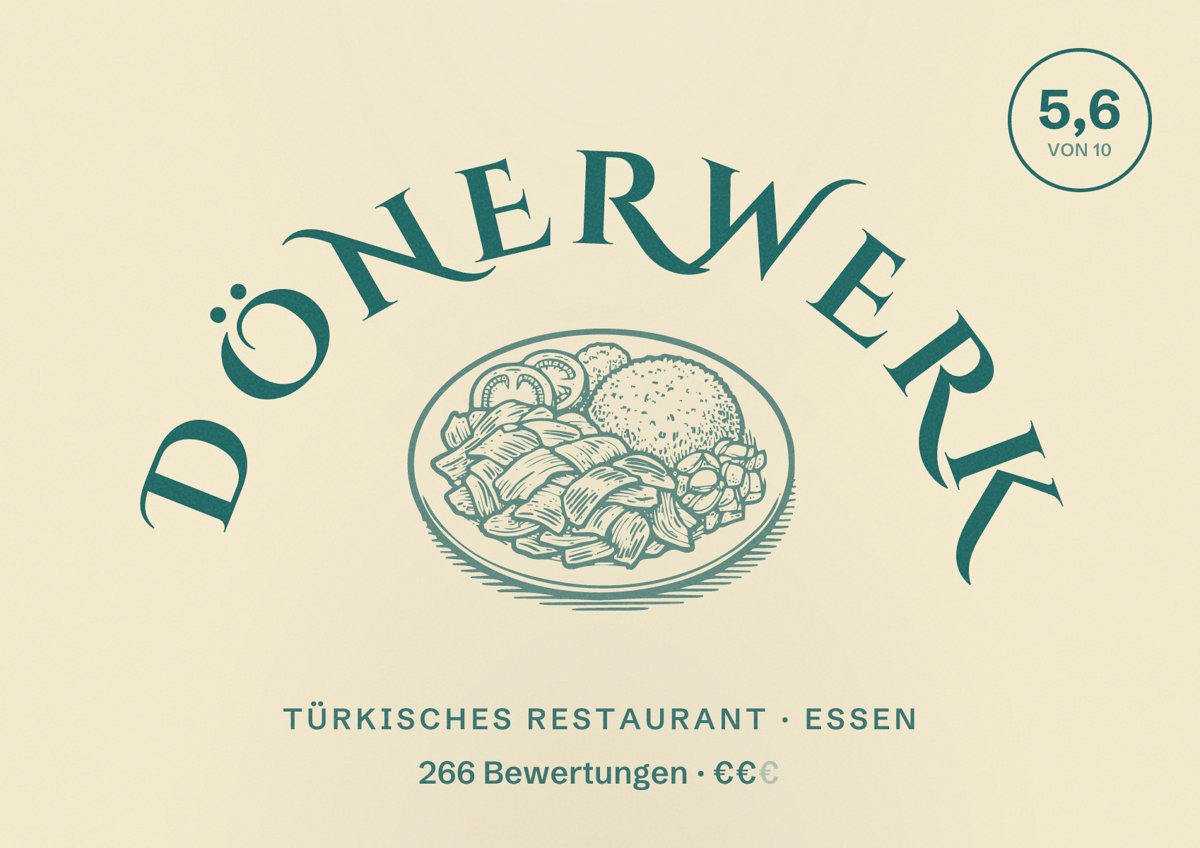 Illustriertes Poster von Dönerwerk, Türkisches Restaurant in Essen: Bewertung 5,6 von 10 aus 266 Bewertungen, Preisniveau €€