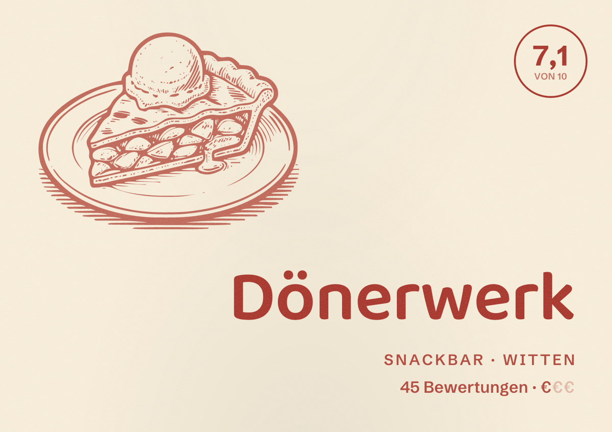 Illustriertes Poster von Dönerwerk, Snackbar in Witten: Bewertung 7,1 von 10 aus 45 Bewertungen, Preisniveau €