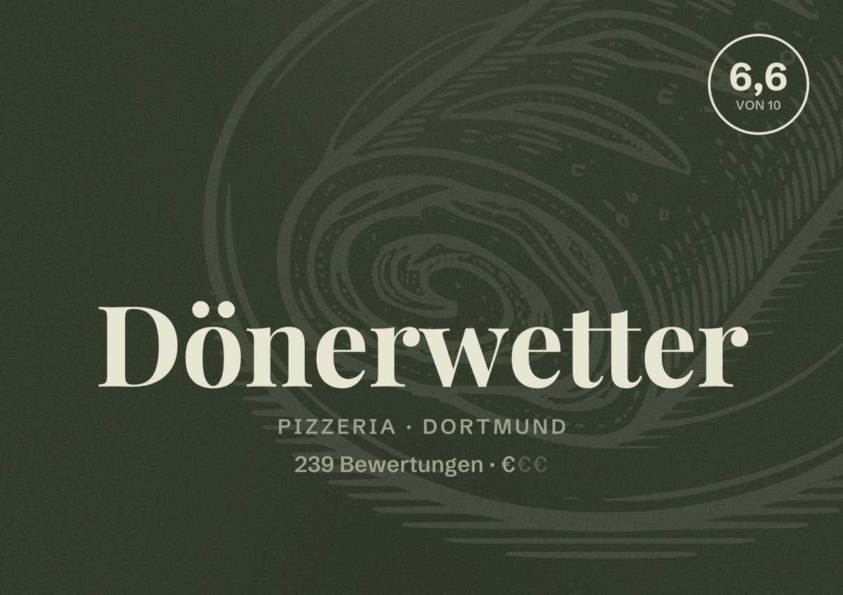 Illustriertes Poster von Dönerwetter, Pizzeria in Dortmund: Bewertung 6,6 von 10 aus 239 Bewertungen, Preisniveau €