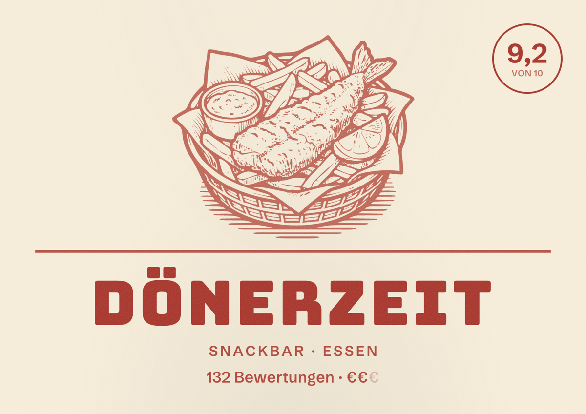 Illustriertes Poster von Dönerzeit, Snackbar in Essen: Bewertung 9,2 von 10 aus 132 Bewertungen, Preisniveau €€