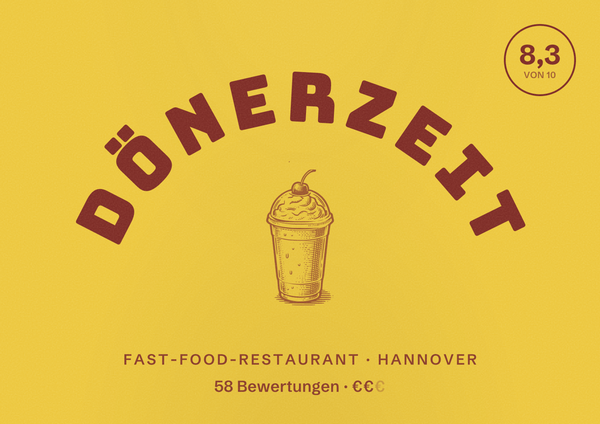 Illustriertes Poster von Dönerzeit, Fast-Food-Restaurant in Hannover: Bewertung 8,3 von 10 aus 58 Bewertungen, Preisniveau €€