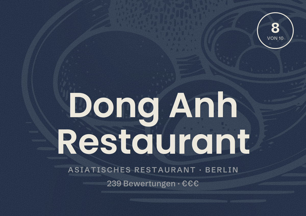 Illustriertes Poster von Dong Anh Restaurant, Asiatisches Restaurant in Berlin: Bewertung 8,0 von 10 aus 239 Bewertungen, Preisniveau €€€