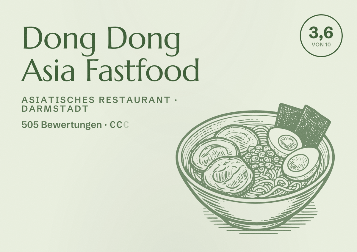 Illustriertes Poster von Dong Dong Asia Fastfood, Asiatisches Restaurant in Darmstadt: Bewertung 3,6 von 10 aus 505 Bewertungen, Preisniveau €€