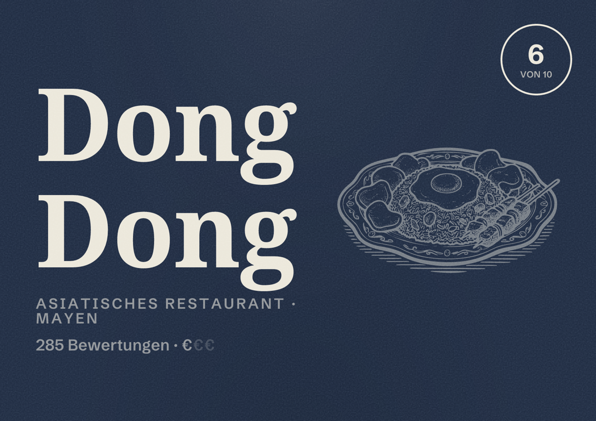 Illustriertes Poster von Dong Dong, Asiatisches Restaurant in Mayen: Bewertung 6 von 10 aus 285 Bewertungen, Preisniveau €