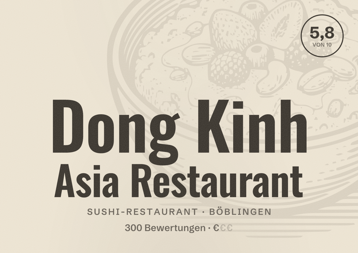 Illustriertes Poster von Dong Kinh Asia Restaurant, Sushi-Restaurant in Böblingen: Bewertung 5,8 von 10 aus 300 Bewertungen, Preisniveau €